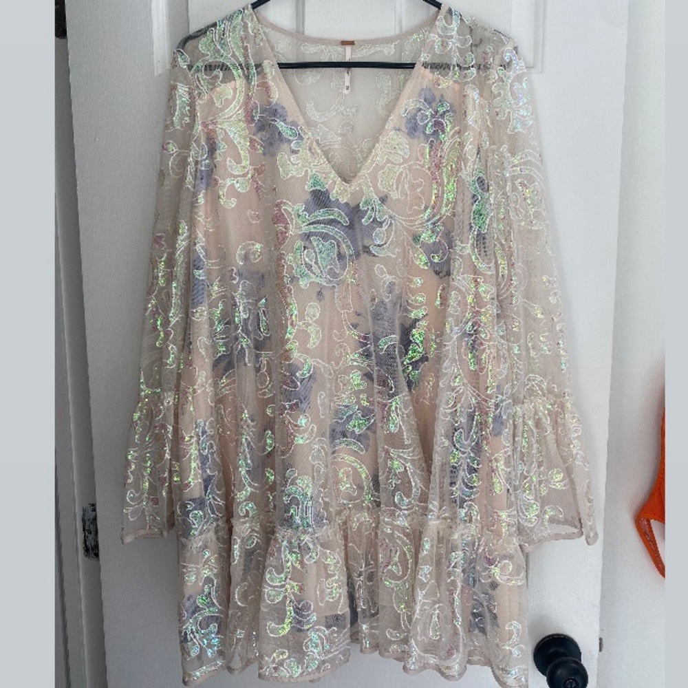 Free People Falling Flowers Flock Mesh Sequin Long Sleeve Dress, Ivory